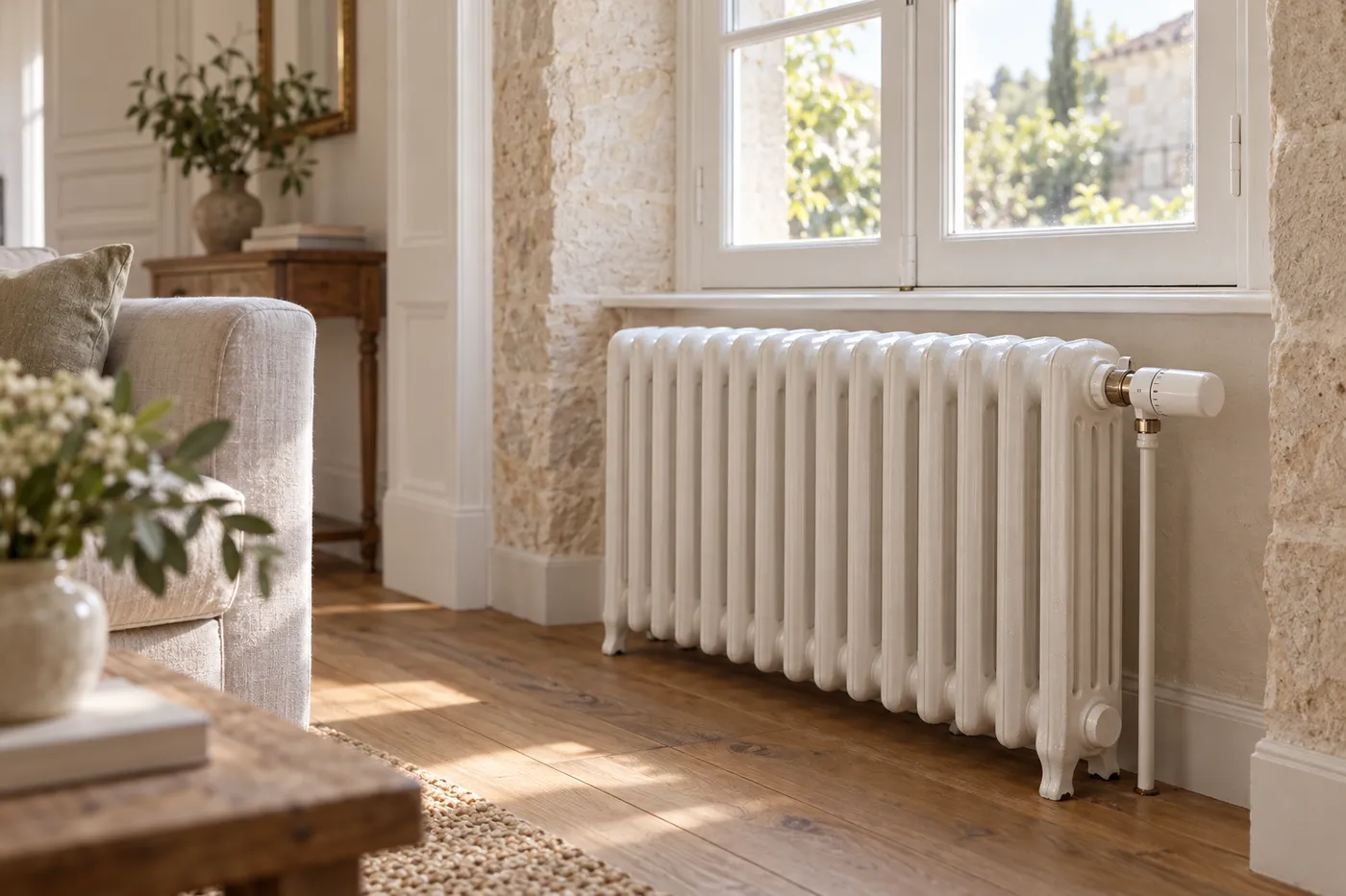 Radiateur en fonte à colonnes avec robinet thermostatique dans une maison ancienne