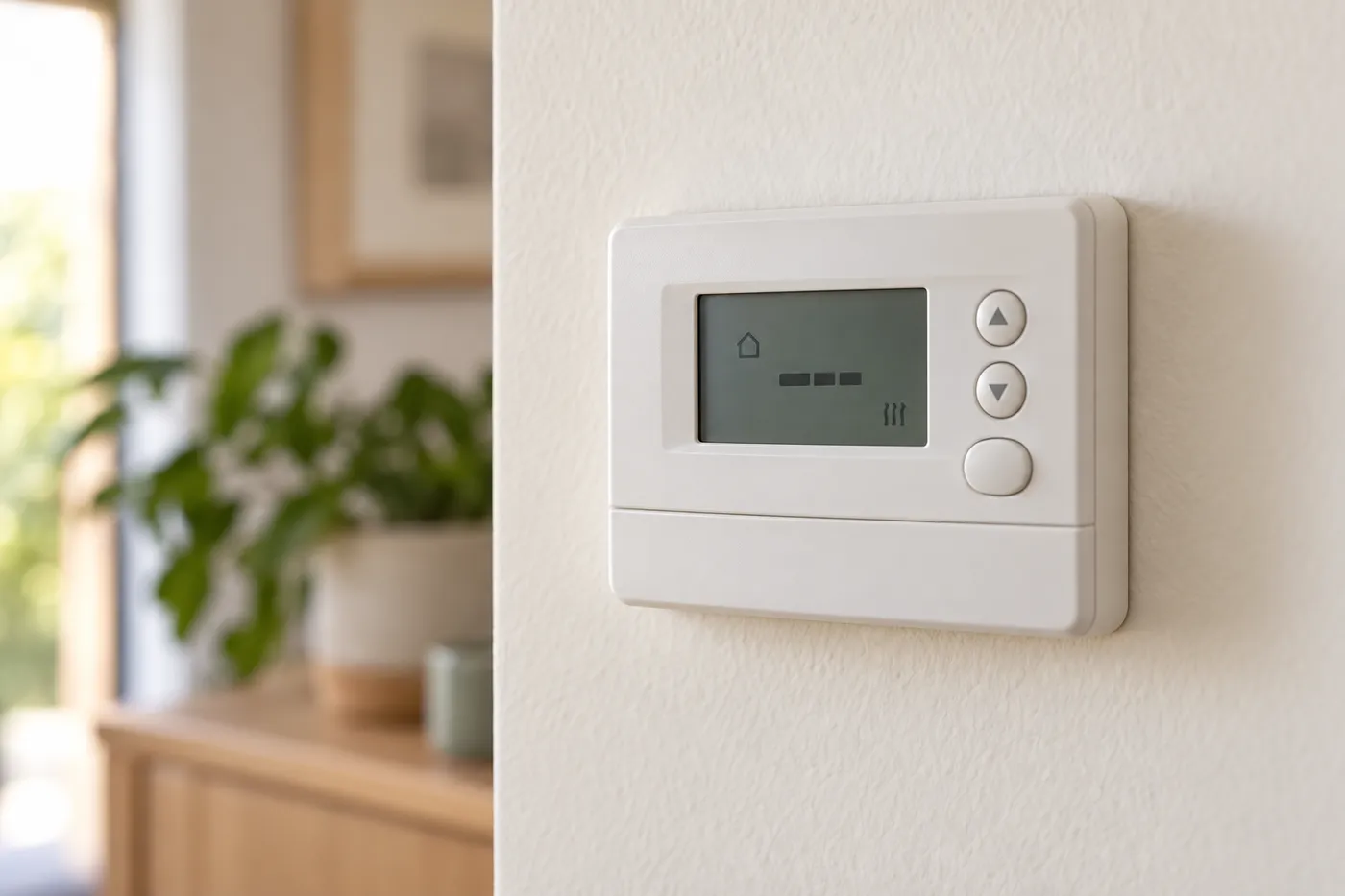 Thermostat d'ambiance programmable fixé au mur d'un salon